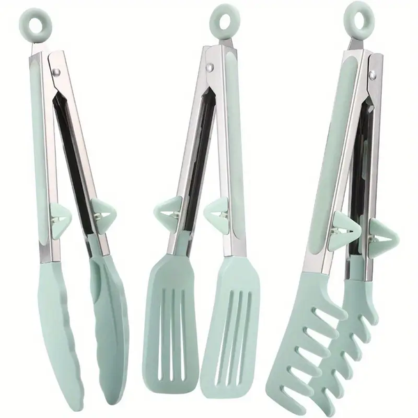 Silicone Stainless Steel Food Clip - 3 Piece Set (Green)