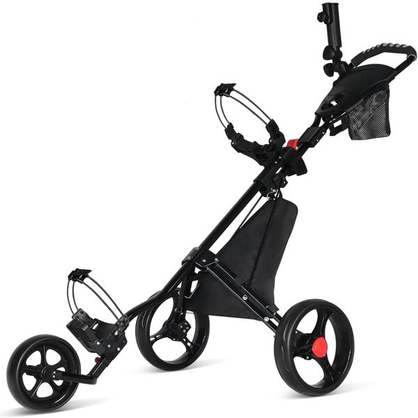 3 Wheels Golf Push Cart With Ball Bag Cup Holder and Foot Brake