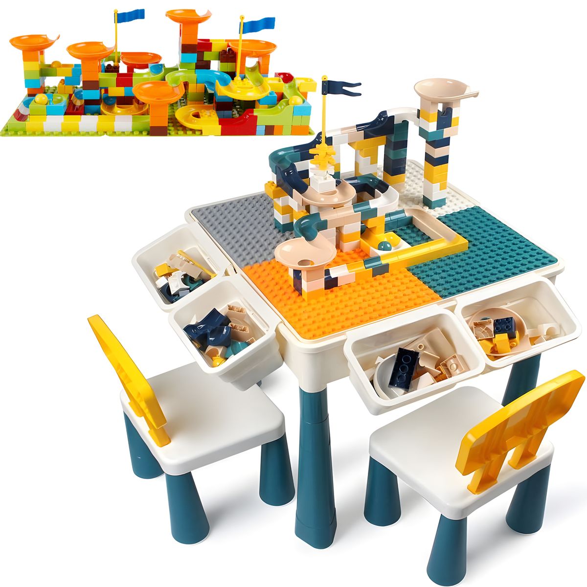 Kids play table with 2 chair 343 pcs building blocks toy toddler