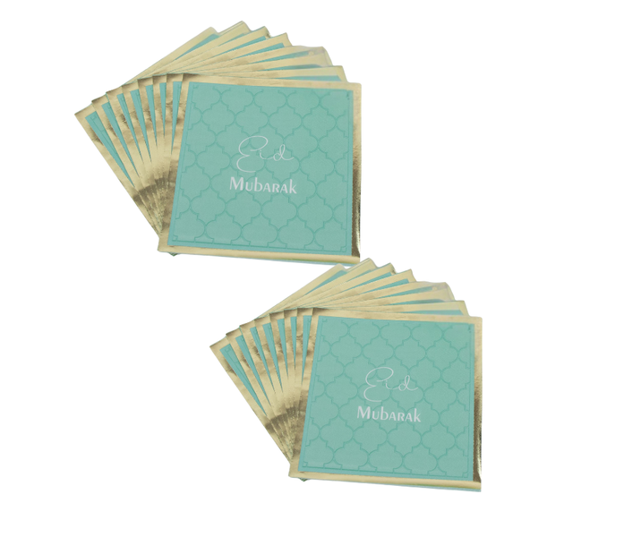 2PK Eid Mubarak Table Serviettes Turquoise Green&amp;Gold Foil Print Festive