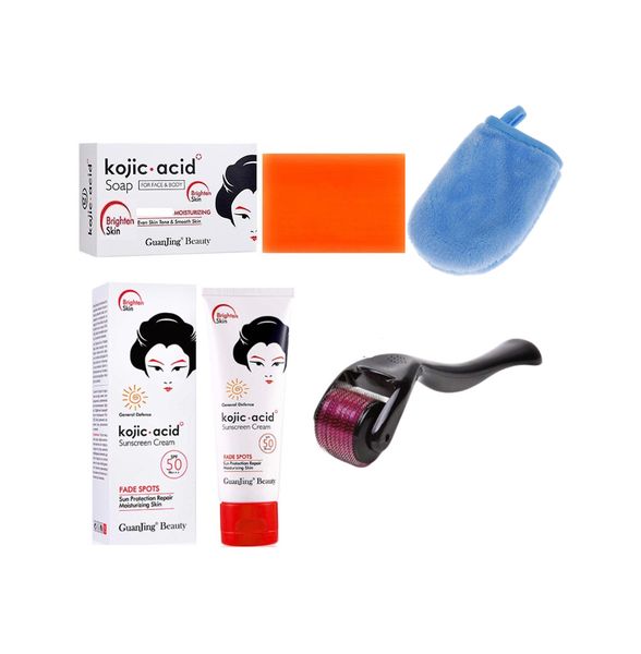Kojic Acid Soap, Kojic Acid Sunscreen, Derma Roller &amp; Hand Mitt