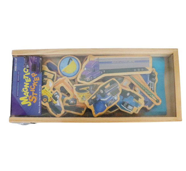 Magnetic Wooden Engineering Vehicles in a Wooden Storage Box - 21 Pieces