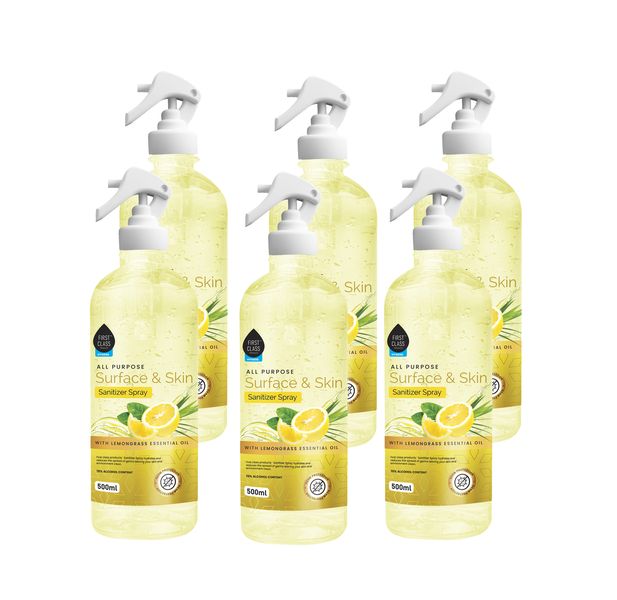 First Class 6 Pack Lemongrass Essential Oil Surface and Skin Sanitizer- 500ml,70% Alcohol