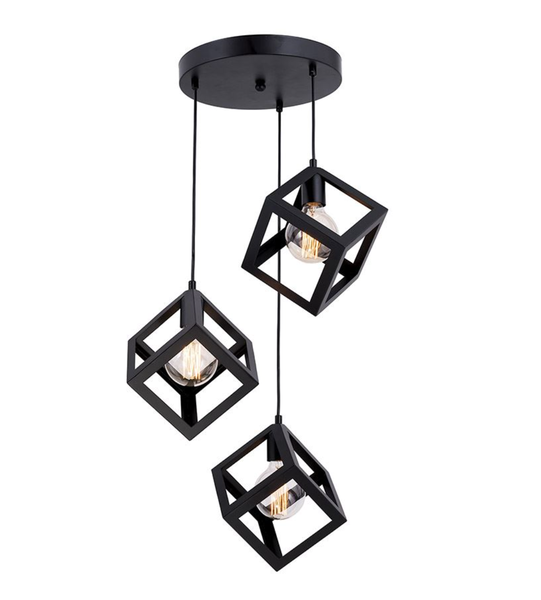 Cluster of Three Cube Industrial Pendant Lamps - Black