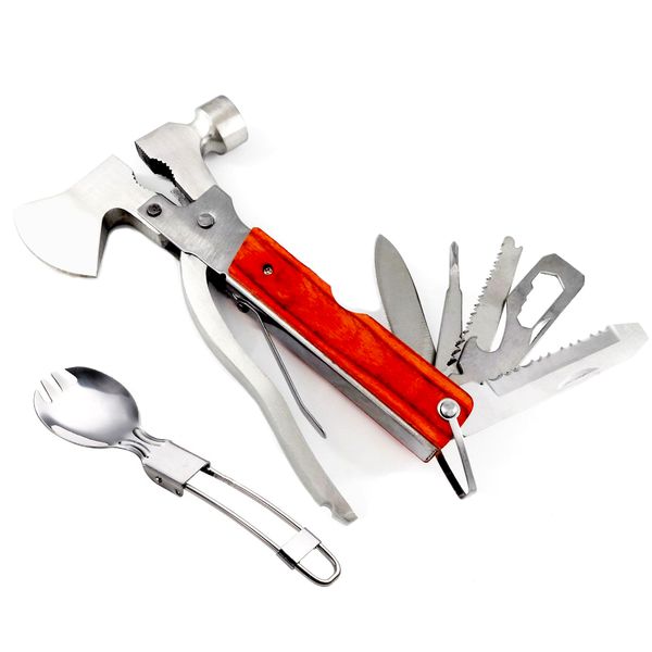 16 in-1 Hatchet Hammer Camping Multitool + Stainless Fork Spoon