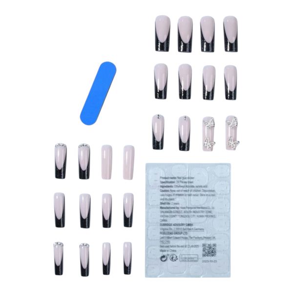 Extra Long Coffin Shaped French &amp; Butterfly Press On Nails