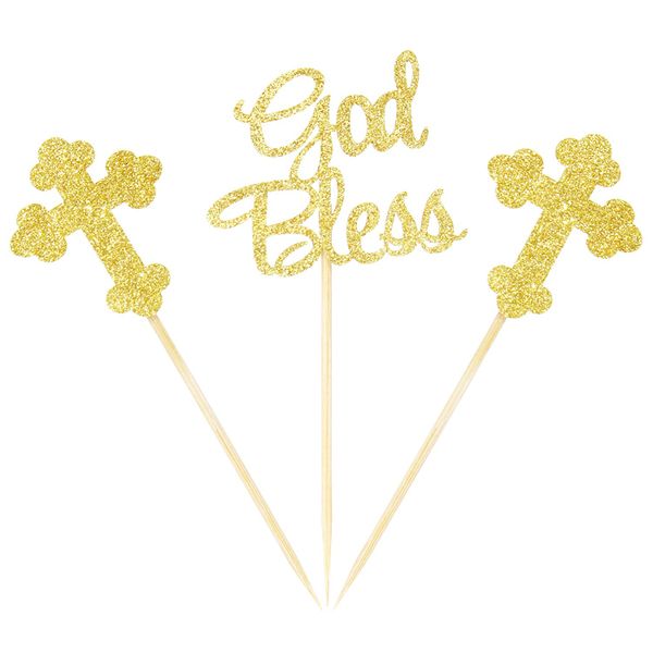 JD Baby Baptism Cupcake Toppers- Gold Glitter