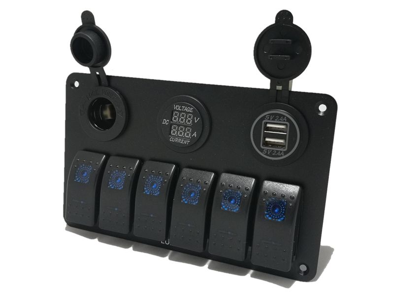 6 Gang Switch Panel with 12V Power Socket Voltmeter &amp; 3.1A Dual USB charger
