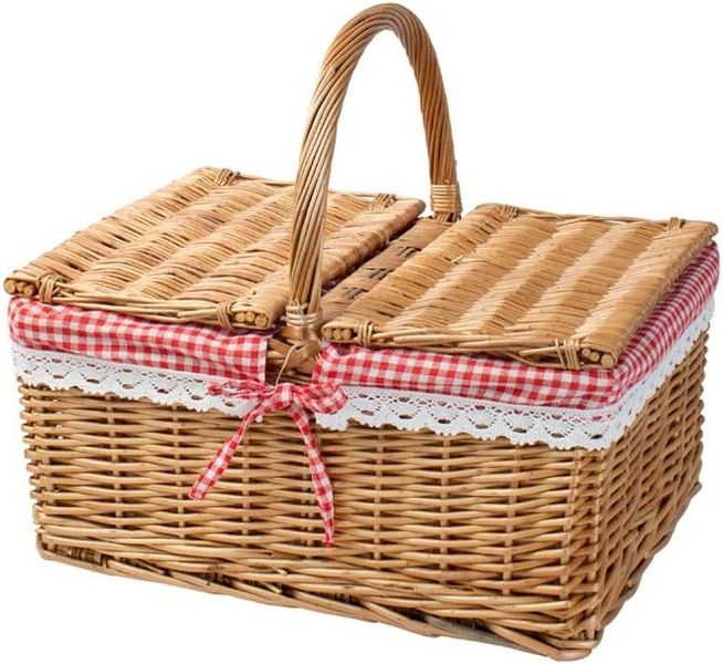 Rectangular Willow Picnic Basket with Red Check Lining