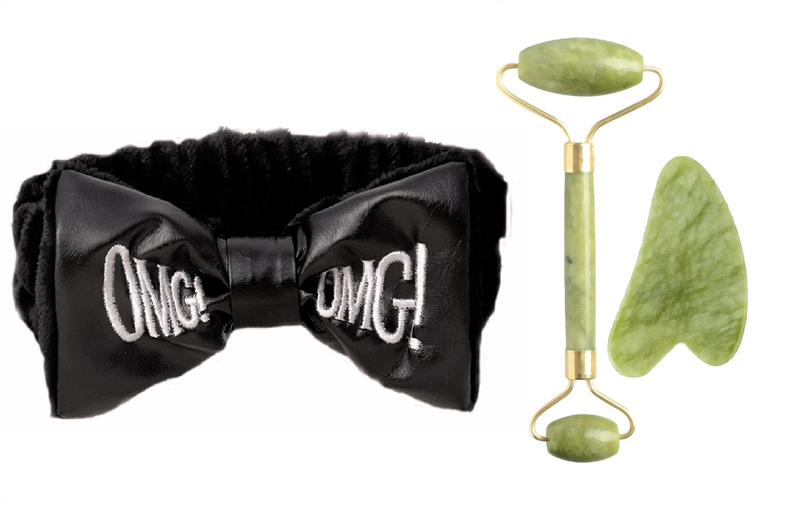 Spa Facial Headband &amp; Real Jade Stone Face Roller and Gua Sha Scraper