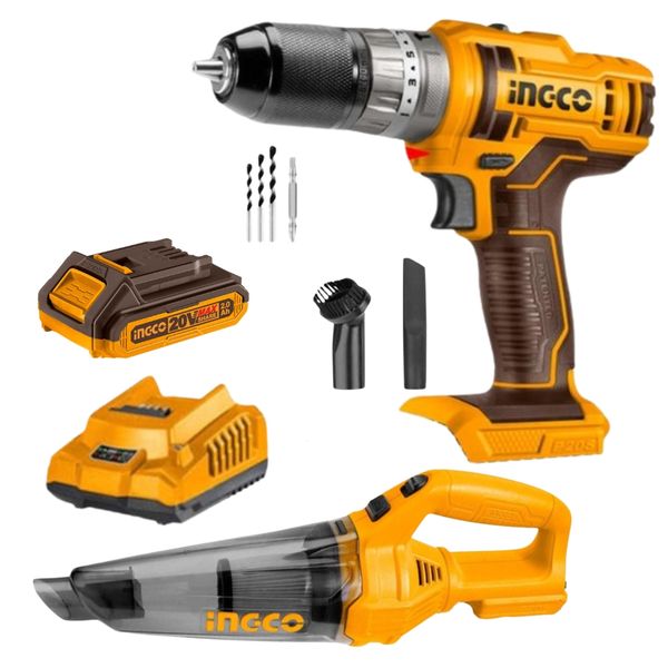 Ingco - Cordless Impact Drill, Vacuum Cleaner with 2.0Ah Battery &amp; Charger