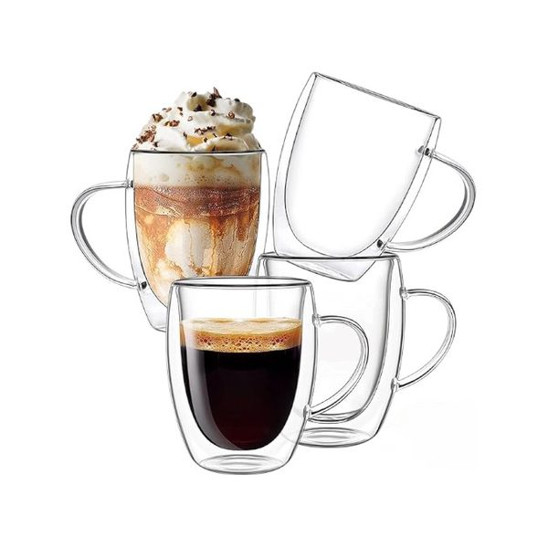 Double Walled Glass Coffee Mugs - 350ml - Transparent - 4 Pack