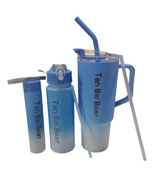 3-Piece Water Bottle Set With One Straw - Gradient Color