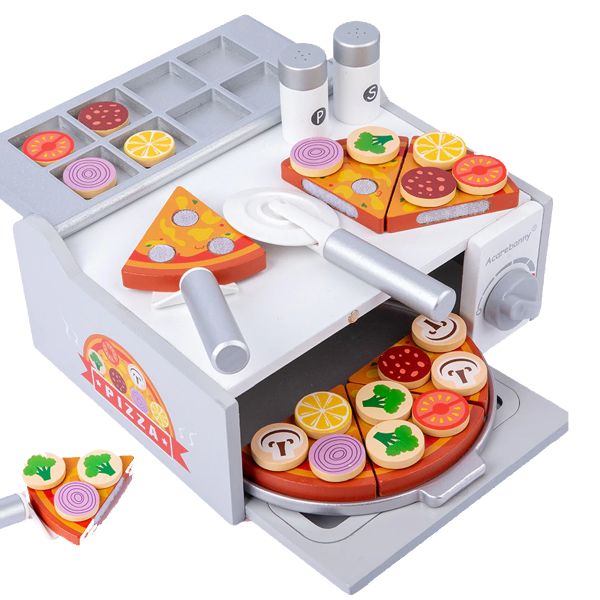 Pretend Play Pizza Slices Oven Food Kids Wooden Kitchen Toy Set