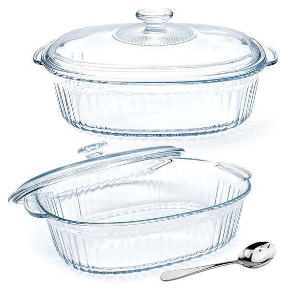 2.8 Ltr Large - Clear Glass Oval Casserole Dish with Lid Salad Spoon