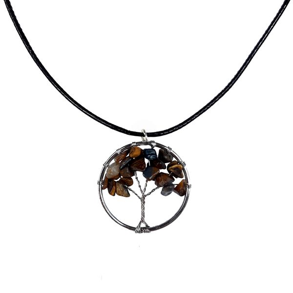 Earth Stone Collection - Round Tigers Eye Tree Of Life Stone Necklace