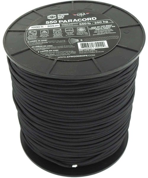 Paracord Spool w/1000ft Black 550 Paracord 7 Strand Core