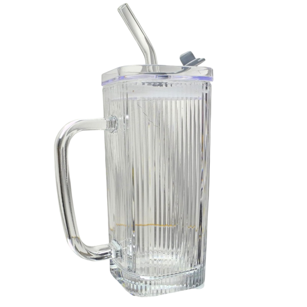 Glass Tumblers with Handle, Lid &amp; Glass Straw - 380ml