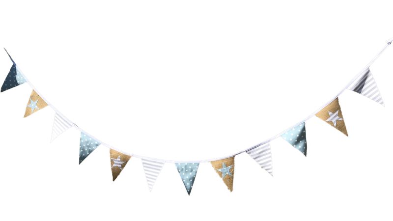 Bunting blue polka dot stars, grey stripe hessian/burlap