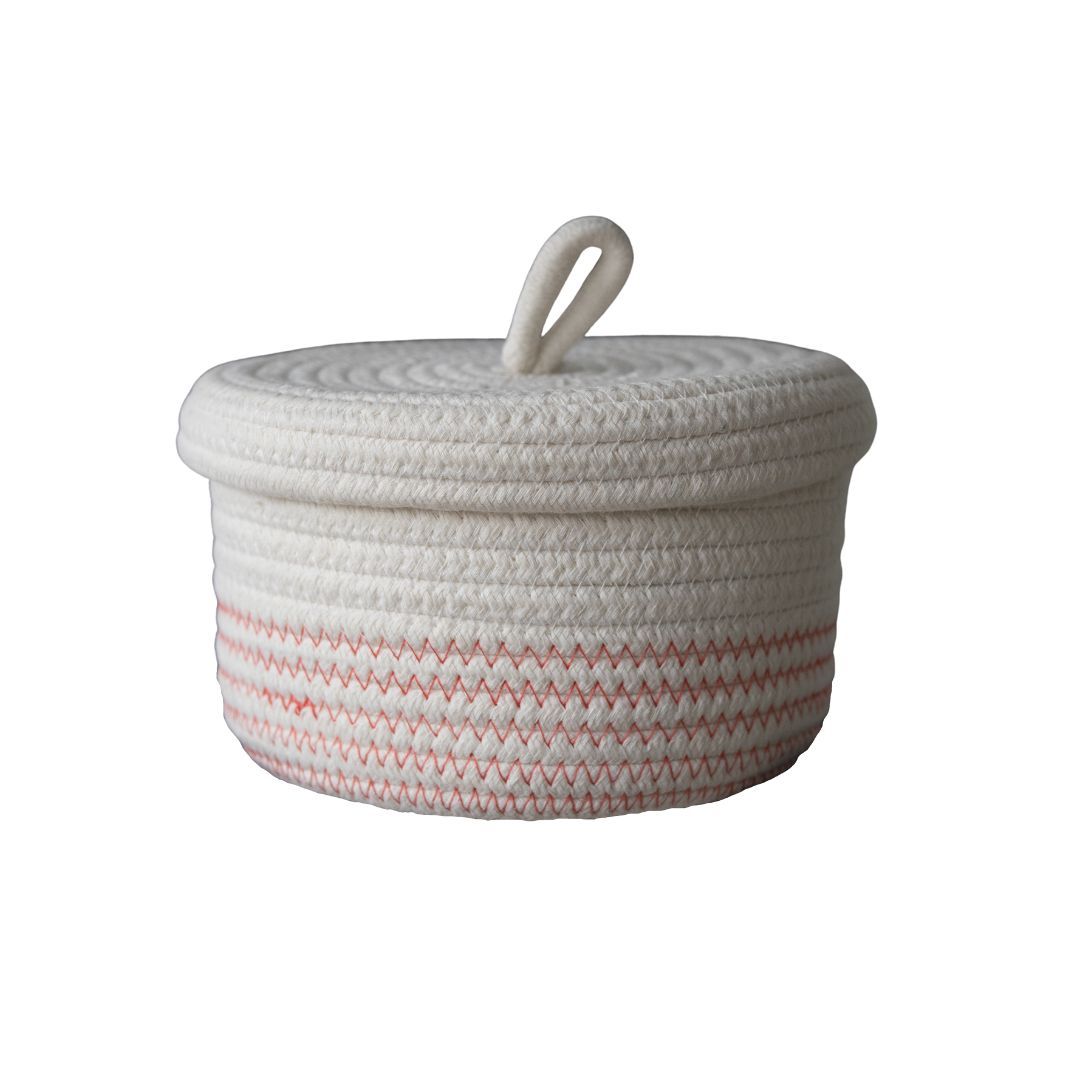 Nordic Scandinavian Small Cotton Storage Basket with Lid Cream & Pink