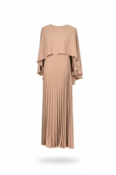 Sophisticated Sand Pleated Maxi Dress With Slitted Cape Detail