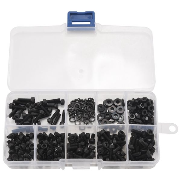 300 Pcs Hex Bolts Nut and Washer M3 Tool Kit with Plastic Box (Black)