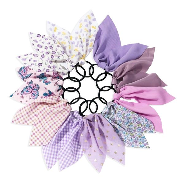 Plaid &amp; Floral Print Scarf Hair Ties - Purple - 10-piece