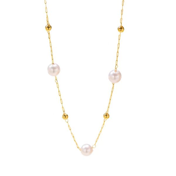 Dainty Gold Pearl Station Necklace