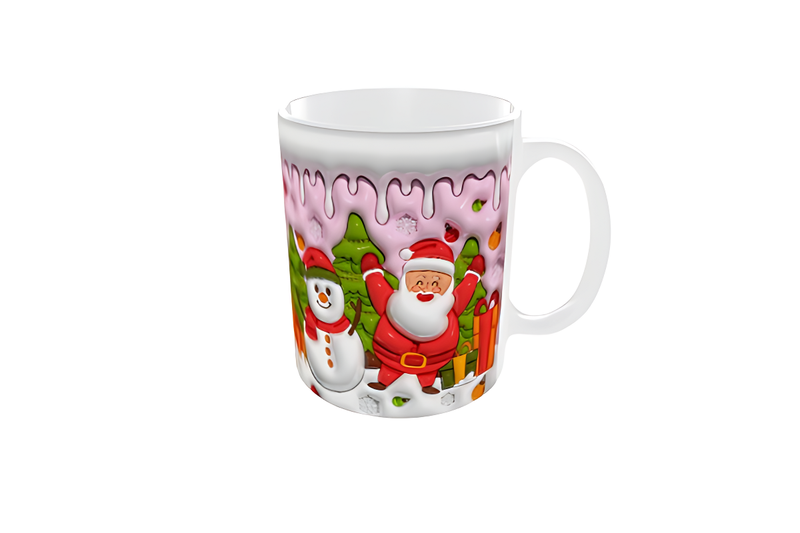 Santa, Snowman &amp; Trees 325ml Ceramic Coffee Mug - Pink Drip Festive Design