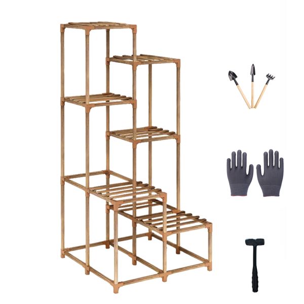 Solid Wood 6 Tier Plant Stand Flower Rack Indoor with 5 Gardening Tool
