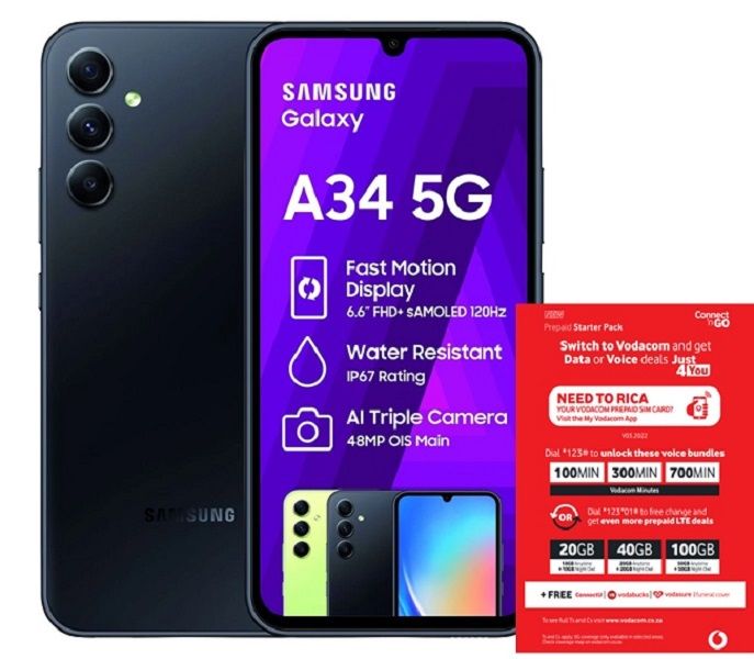 Samsung Galaxy A34 5G 128GB Dual Sim - Black + Vodacom Sim Card Pack