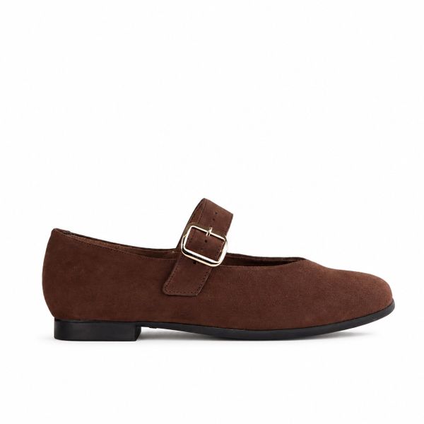 Women's Mary Jane Flat Court Shoe- Buckle Strap -Brown Suede - 13031