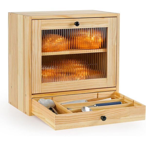 Bread Box for Kitchen Countertop Bin Wooden with Cutlery Drawer Container