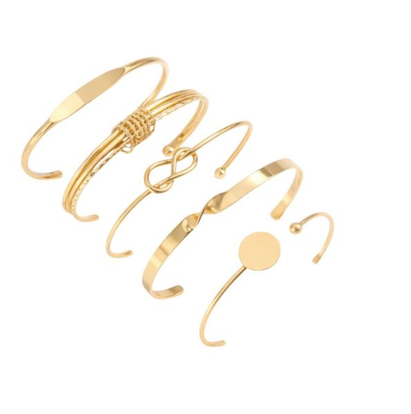 5 Piece Women Retro Gold Asymmetrical Cuff Non-Closure Bangle Bracelet Set