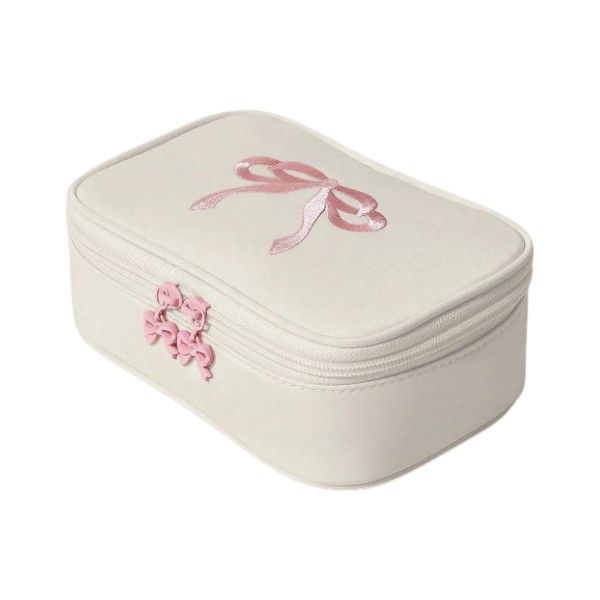 Pink Bow Embroidered Makeup Bag With Bow Zips - Off White