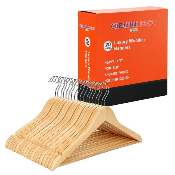 Creative Deco Basics Luxury Wooden Hangers - 20 PACK - NATURAL LIGHT BROWN