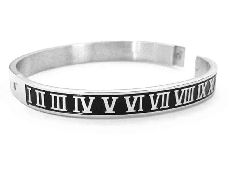 Stainless Steel Clip Open bangle -Roman numbers 1 - 12 with black enamel