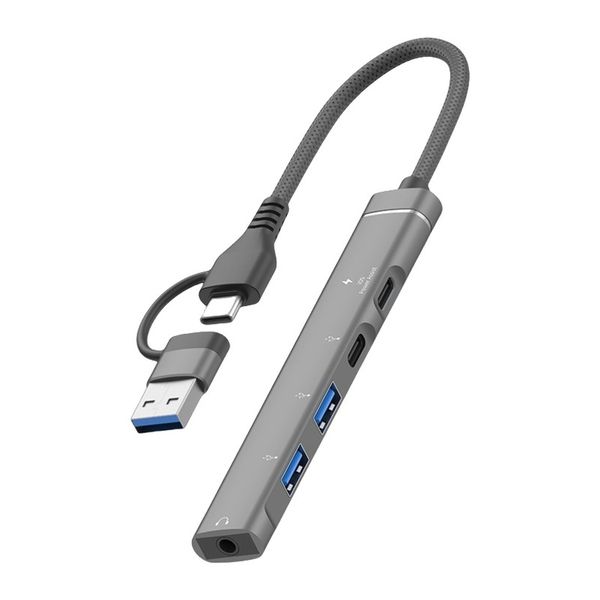 5 Ports USB-C to 3.5mm Audio Adapter Hub with OTG for Laptop and PC