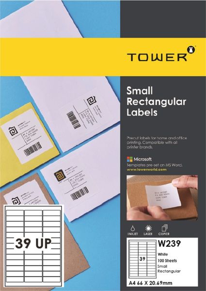 Tower W239 Mailing Inkjet-Laser Labels - Box of 100 Sheets