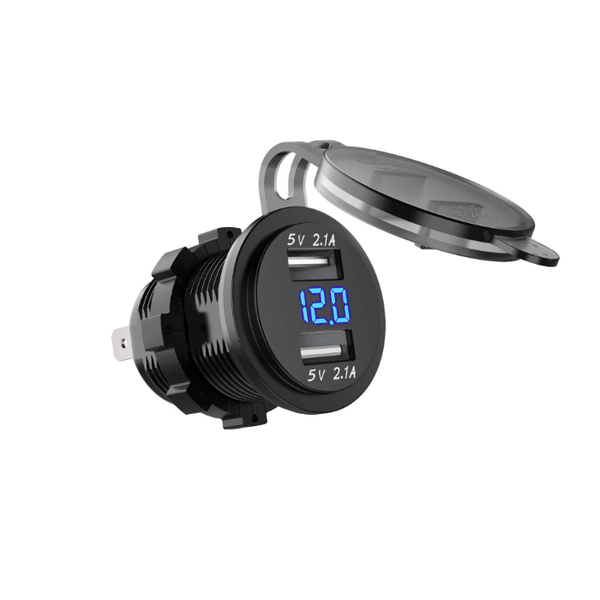 Waterproof 12-24V 2.1A Dual USB Charger Adapter + Voltmeter (Blue Light)