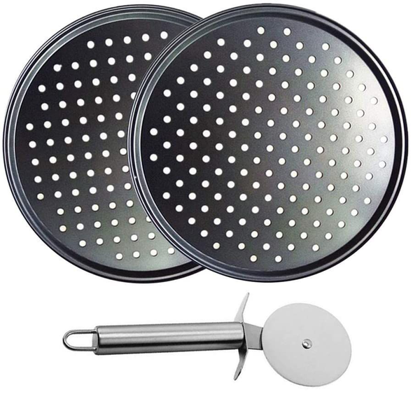 3 Piece Steel Non Stick Pizza Crisper Pan with Holes and Cutter