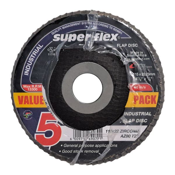 SUPERFLEX INDUSTRIAL FLAP DISC - 115X22.23mm AZ80 5PACK