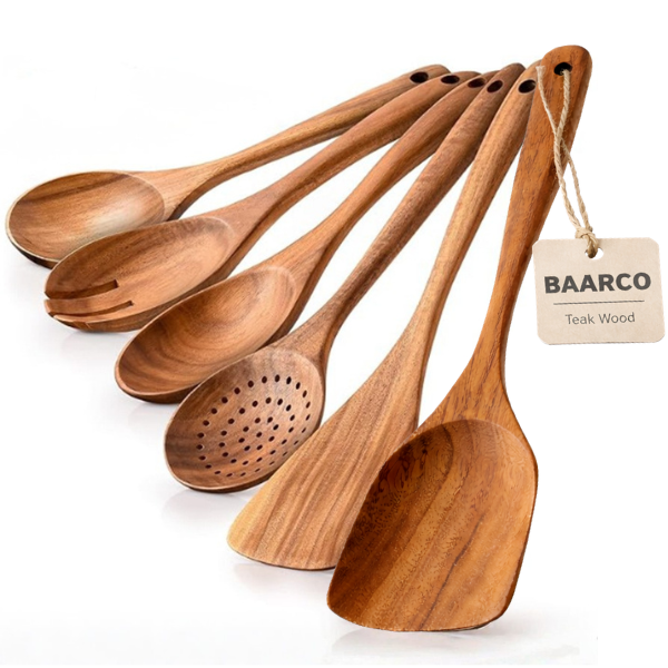6-Piece Teak Wood Utensil Set Eco-Friendly Wooden Cooking Spatula Spoons