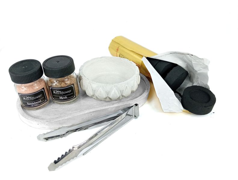Raw Myrrh &amp; Sandalwood Incense Resin Burning Kit - Cement Bowl &amp;Tray