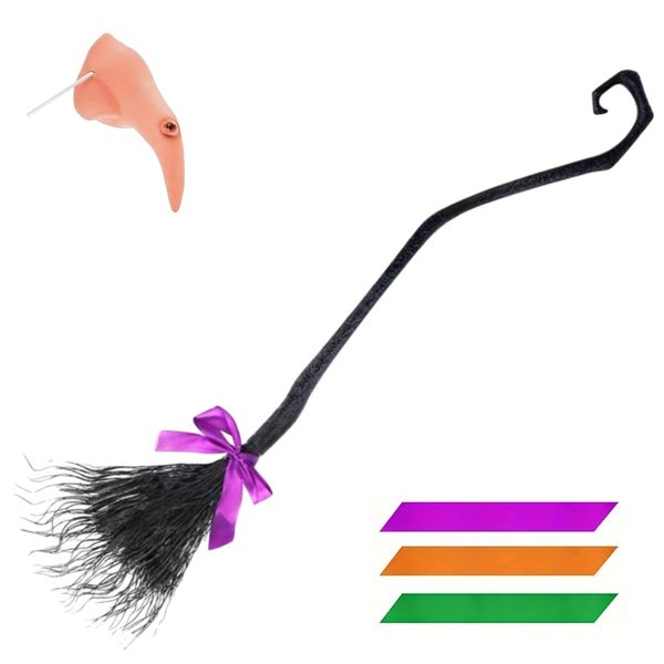 Party Cosplay Witch Broom and Nose Set - 5 Piece Halloween Costume Prop