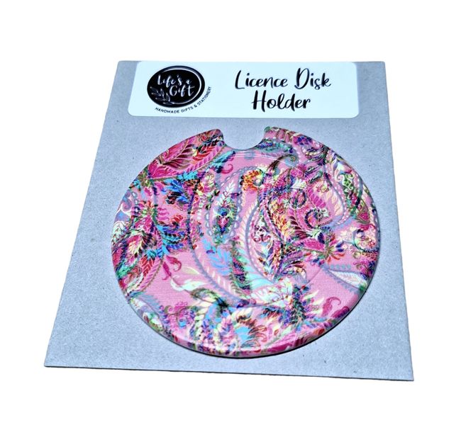 Life's a Gift Licence Disk Holder - Colourful Leaves on Pink