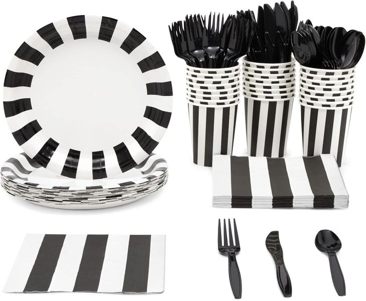 Paper Party Plates Set, Black and White/Gold, Serves 24 - 144-Piece
