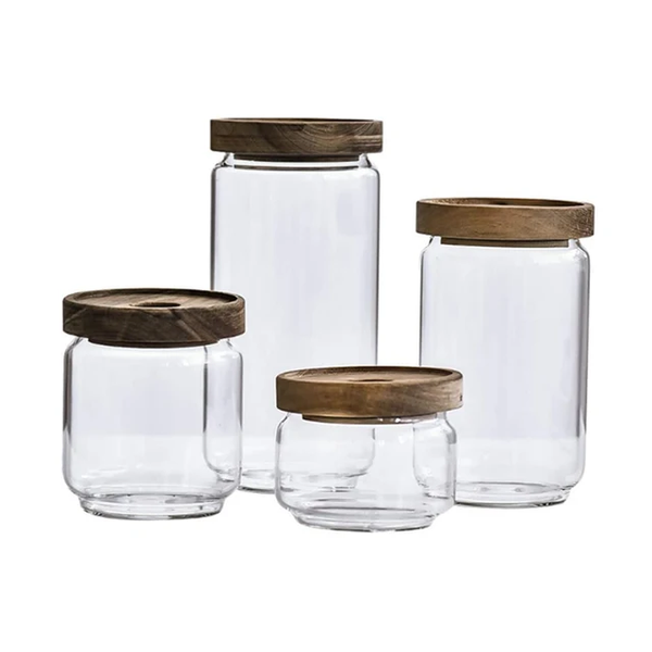 Glass Food Storage Jar Set With Airtight Acacia Wooden Lids - Set Of 4