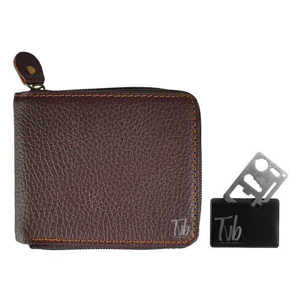 Tvb Men's Wallet Dark Coffee Brown Leather Zip Bi-Fold