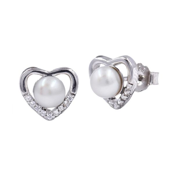 Silverbird 925 Sterling Silver Cubic Zirconia Heart &amp; Pearl Stud Earrings